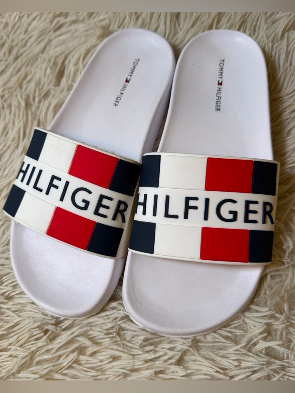 Tommy Hilfiger White Slides with Red & Navy Logo Strap